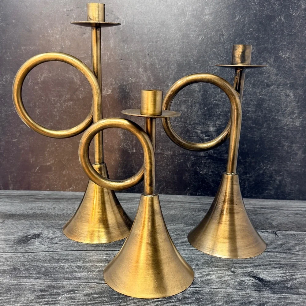 Antique Brass French Horn Taper Candle Holder Set 3 Vintage Style Candlesticks
